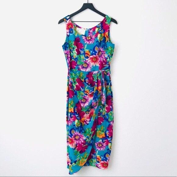 Vintage Spenser Jeremy Silk Bright Floral Faux Wrap Midi Dress - Picture 1 of 9